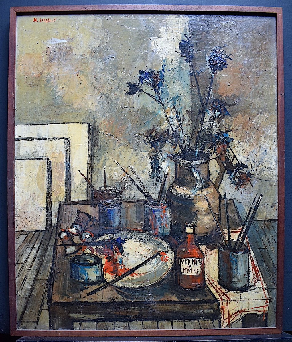 Michel Girard Nature morte Bouquet fleurs atelier de peintre Sign&eacute; M Girard XX RT16