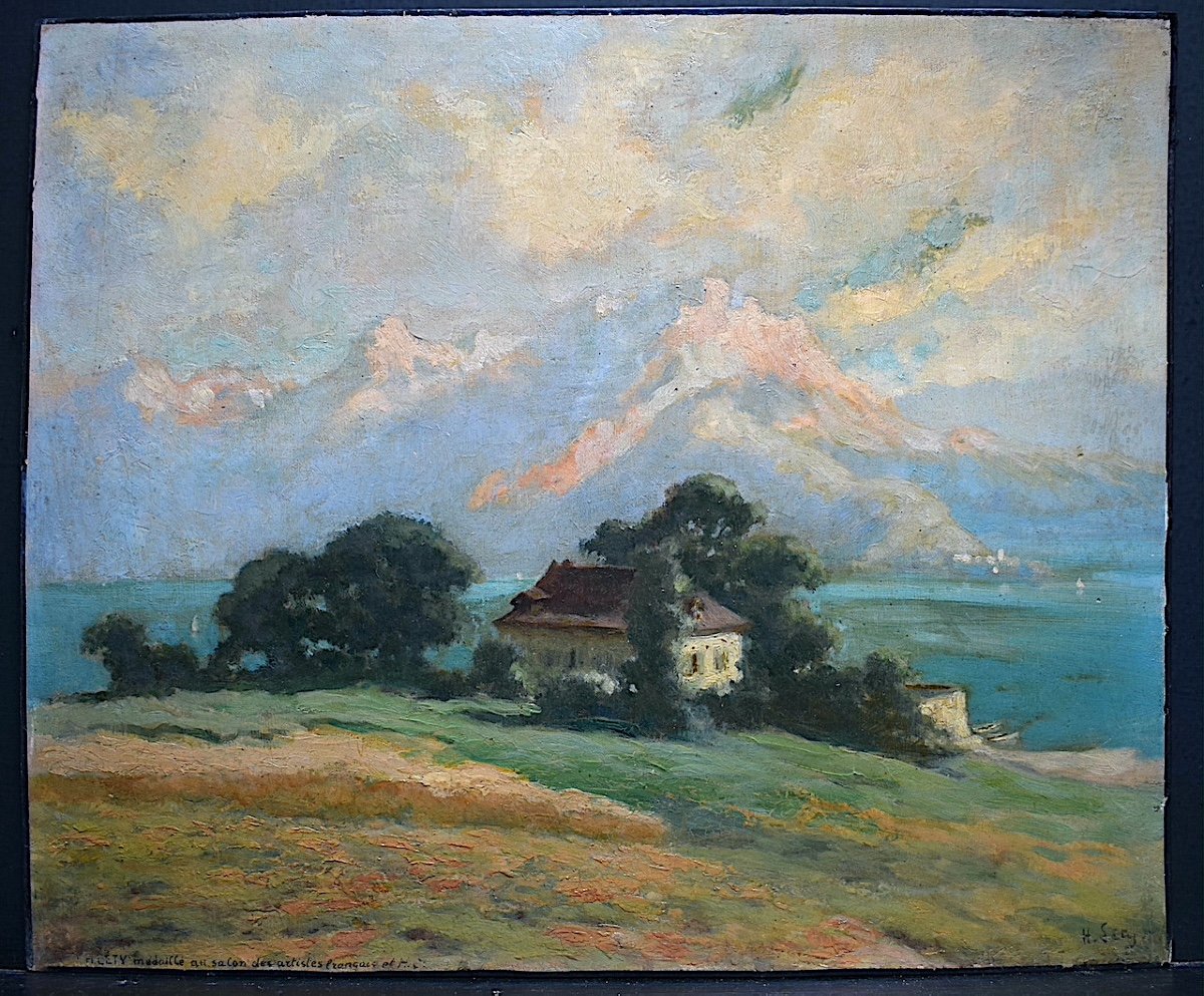 H Lety Signé Paysage Montagne Lac Impressionniste  Alpes Suisse XX RT24-photo-5