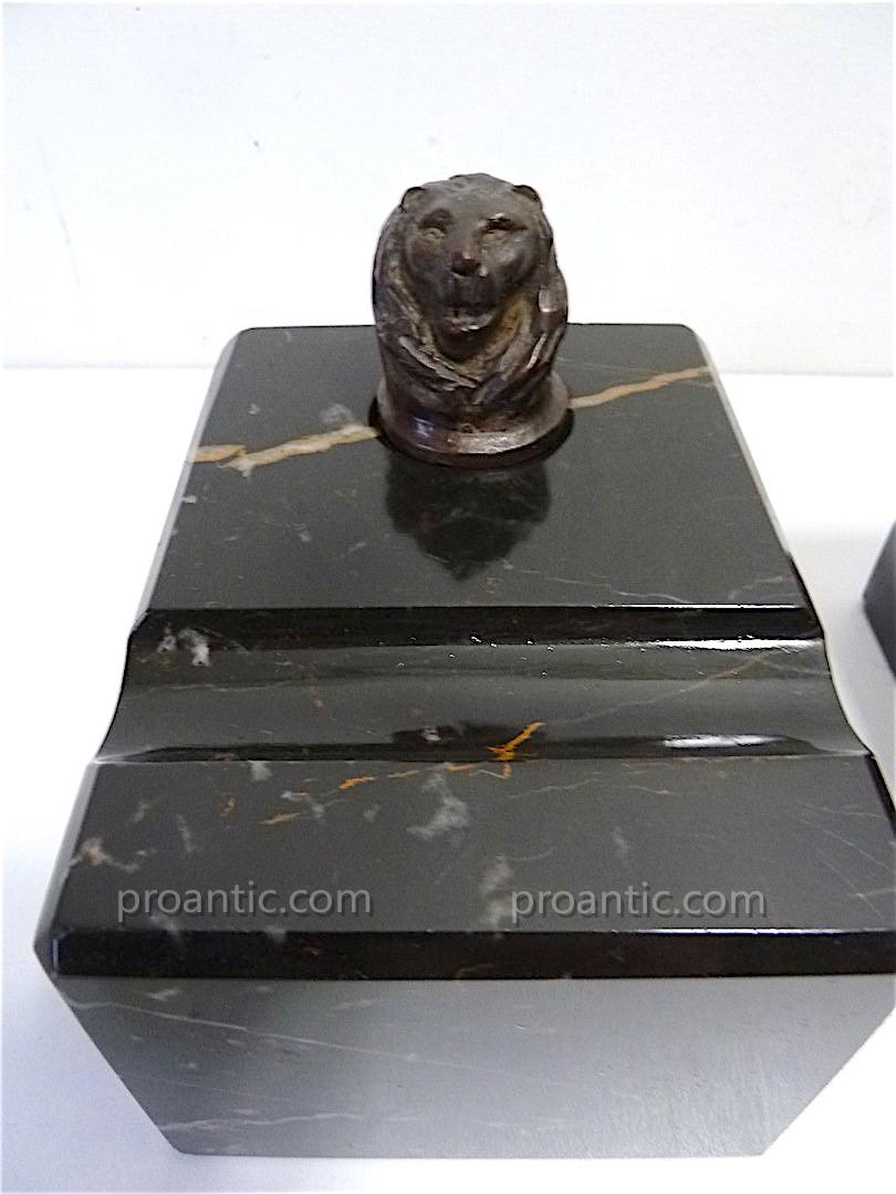 Paire Encriers Marbre Tête De Lion Bois Sculpté Art Déco Inkwell French Vers 1925   REF69-photo-2