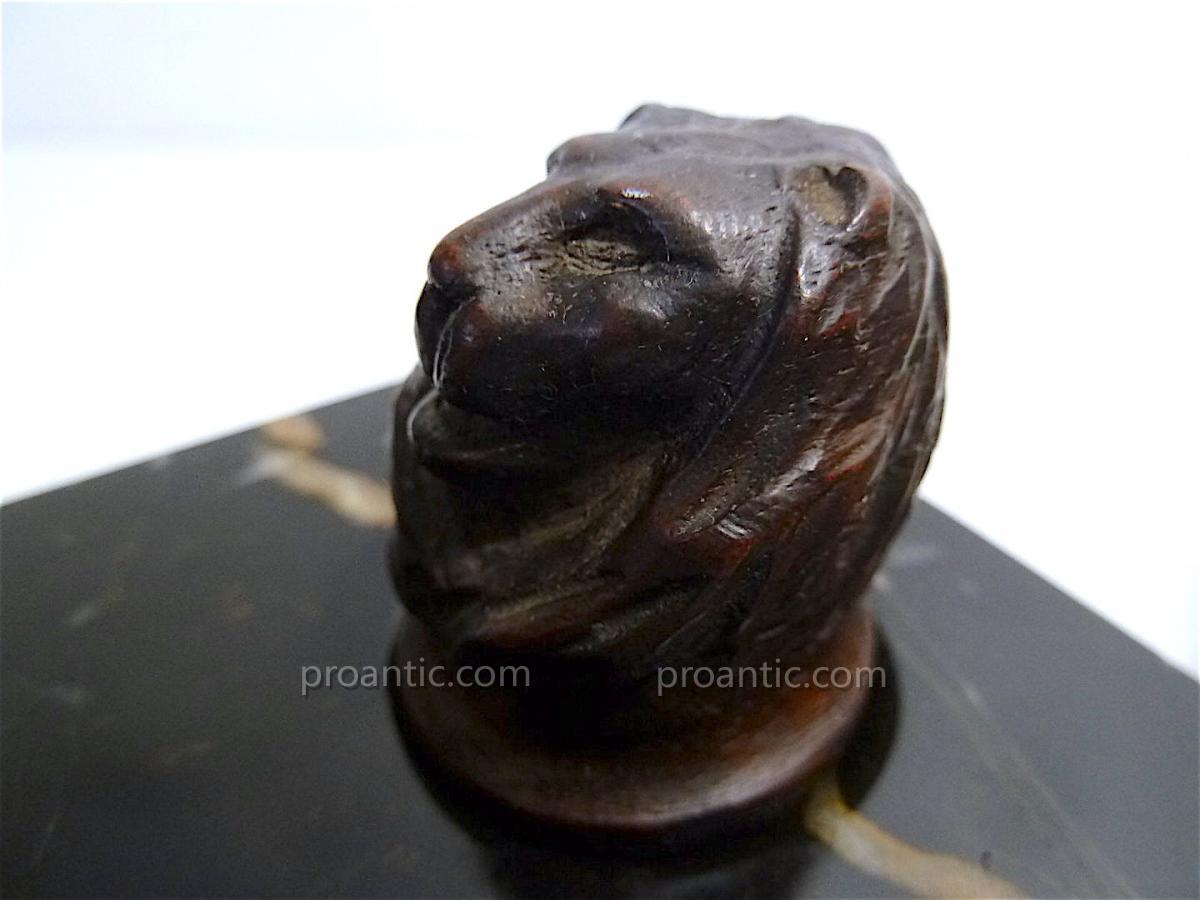 Paire Encriers Marbre Tête De Lion Bois Sculpté Art Déco Inkwell French Vers 1925   REF69-photo-1