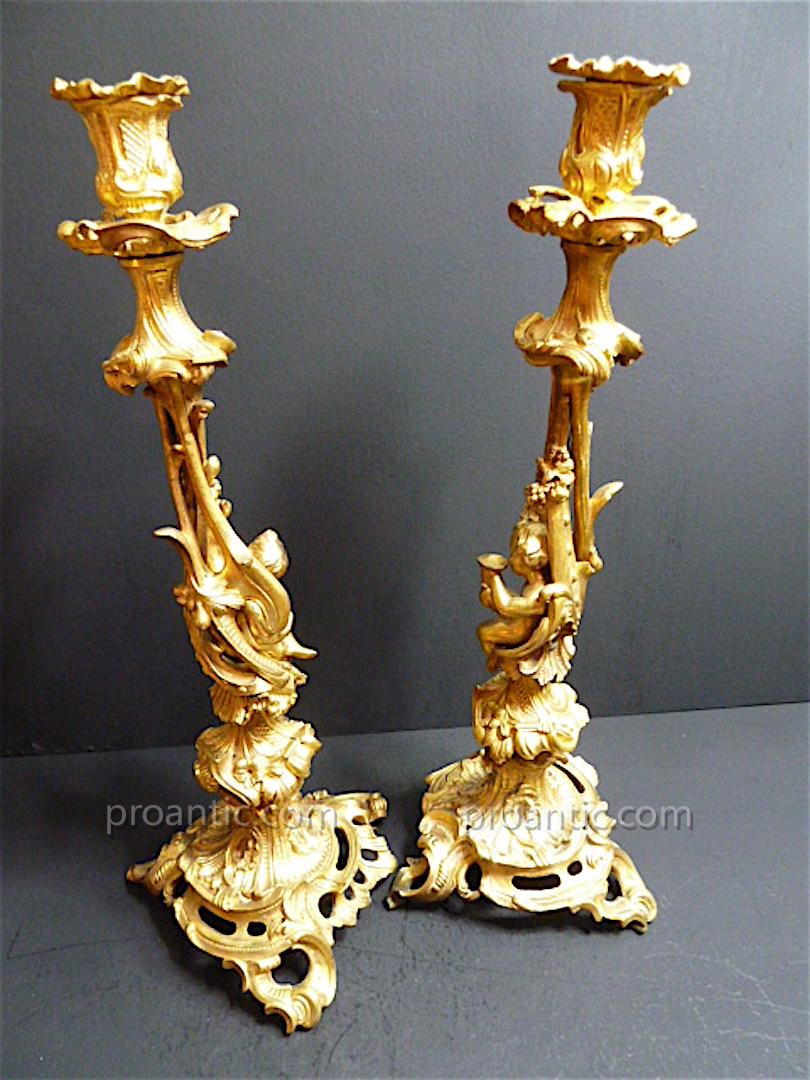 Paire De Bougeoirs Rocaille Bronze Dor&eacute; Amour Enfants  Napoleon III XIX 19th  Chandelier REF85-photo-4