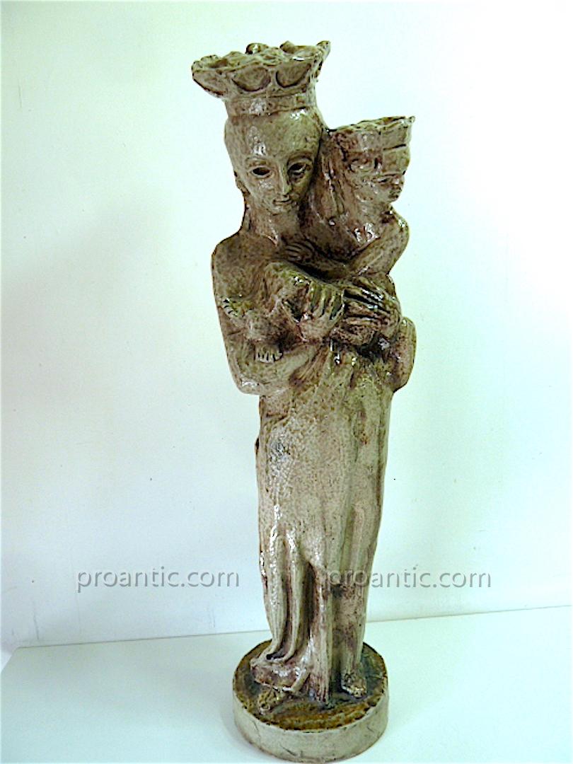 Vierge à l'Enfant Terre Cuite émaillée Grise Vers 1960 Signée à Identifier XX 20th 64 cm REF87