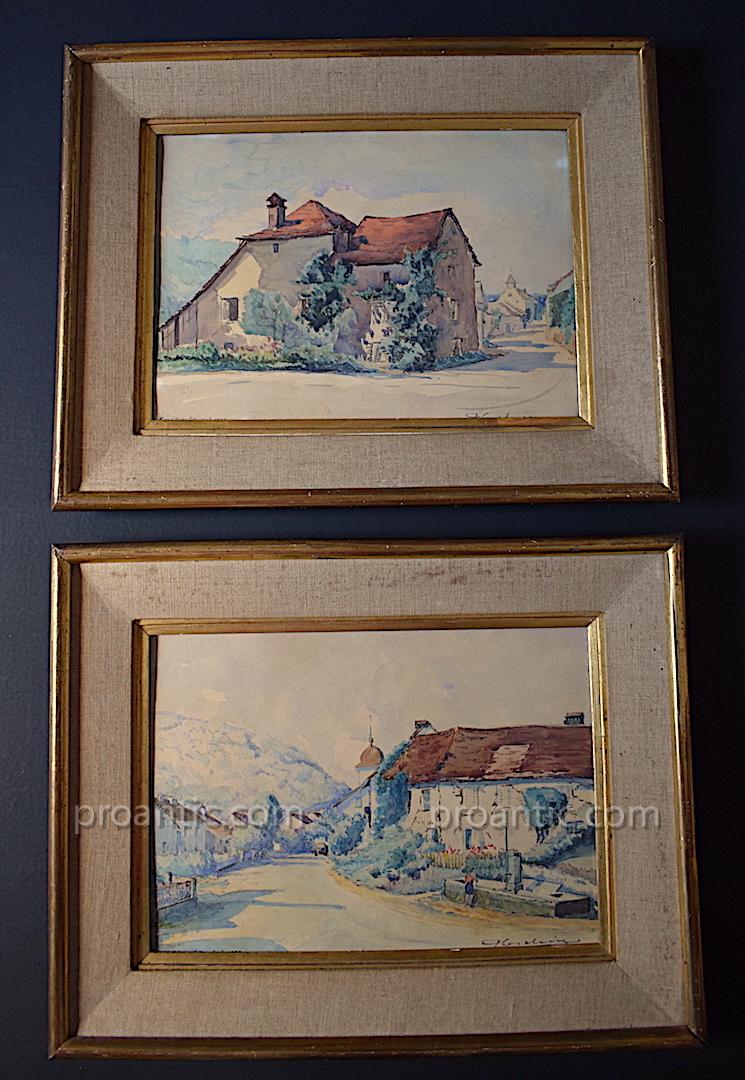 Paul Leschevin Two Watercolor Landscapes Doubs Glay Meslieres Signs XX Rt77