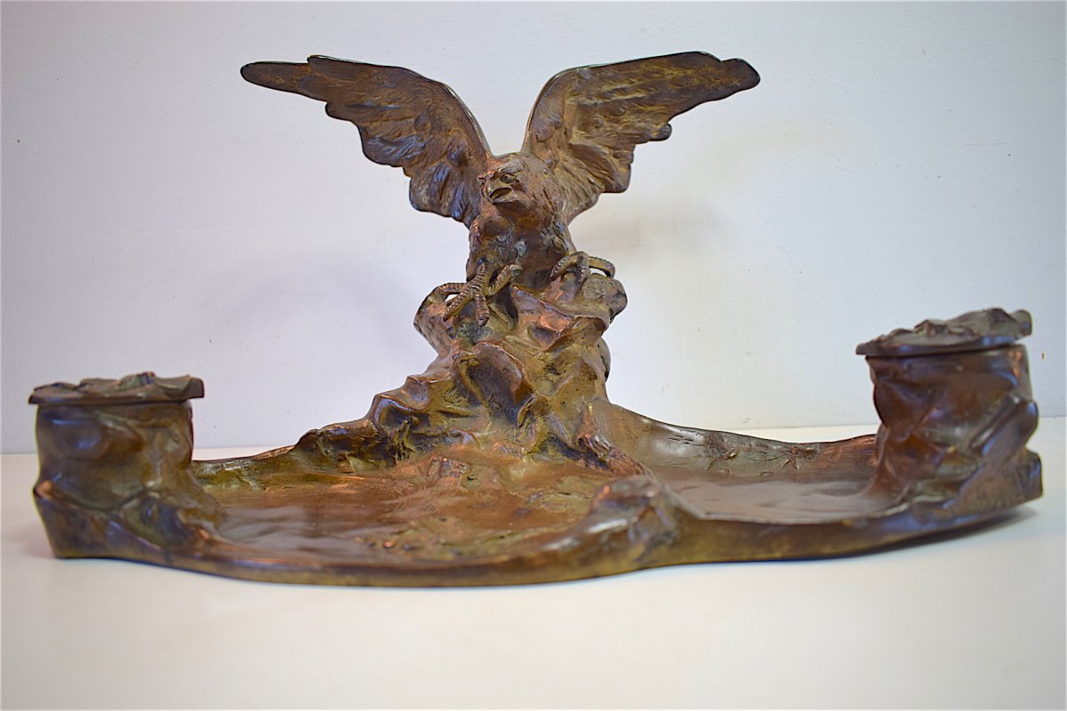 Inkwell Bronze Art Nouveau Eagle Signed A Marionnet XIX 19th Ref97-photo-2