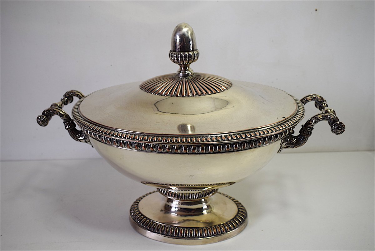 Soupière ovale XIX Métal Cuivre Argenté Poinçon C Balaine French Début XIX Vers 1820 REF100