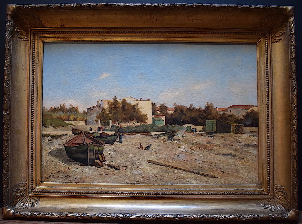 * P.  Pageot des Nouttières Paysage Marine Barques Bord de Mer Pêcheur XIX 19th RT101