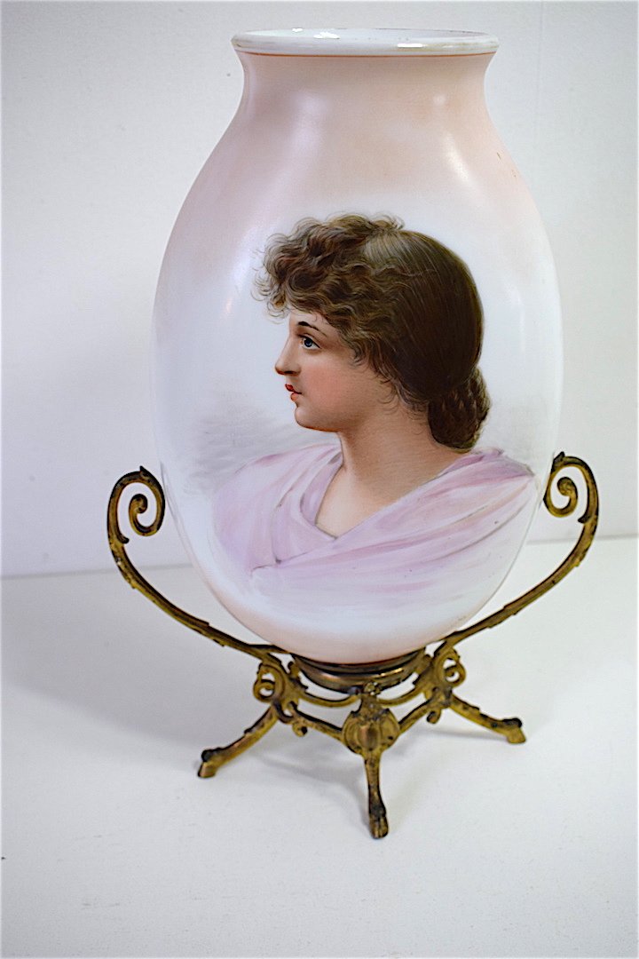 Opaline Vase Mounted Bronze Portrait Of Woman XIX 19th Baccarat Napoleon III  Ref109
