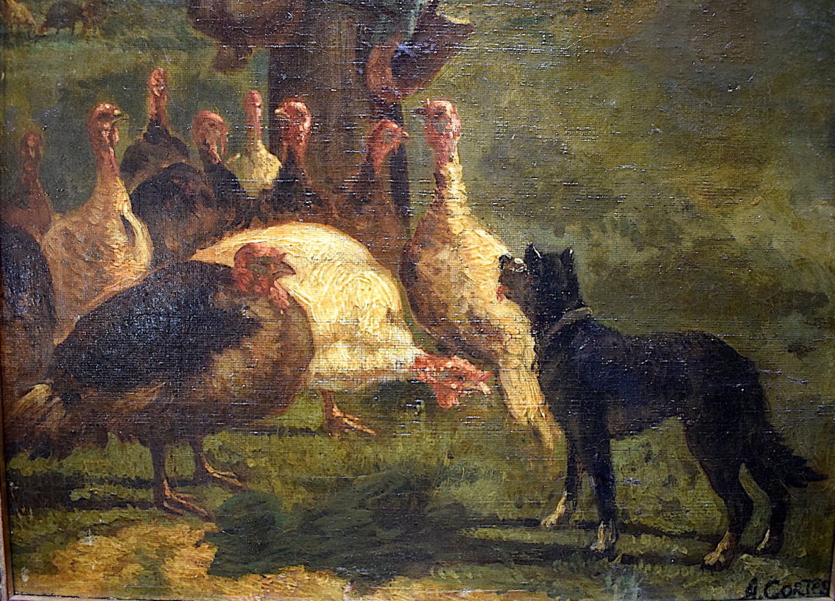 André Cortes Paysage de Campagne Fermière Poule Dindons XIX 19th RT104-photo-1