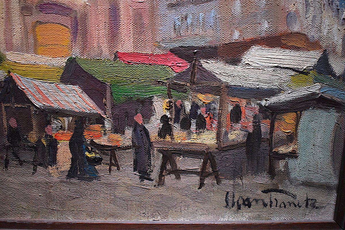 Sloan Franck Signed Paris Place Market Scene Impressionist Church XX 20th Rt108-photo-1