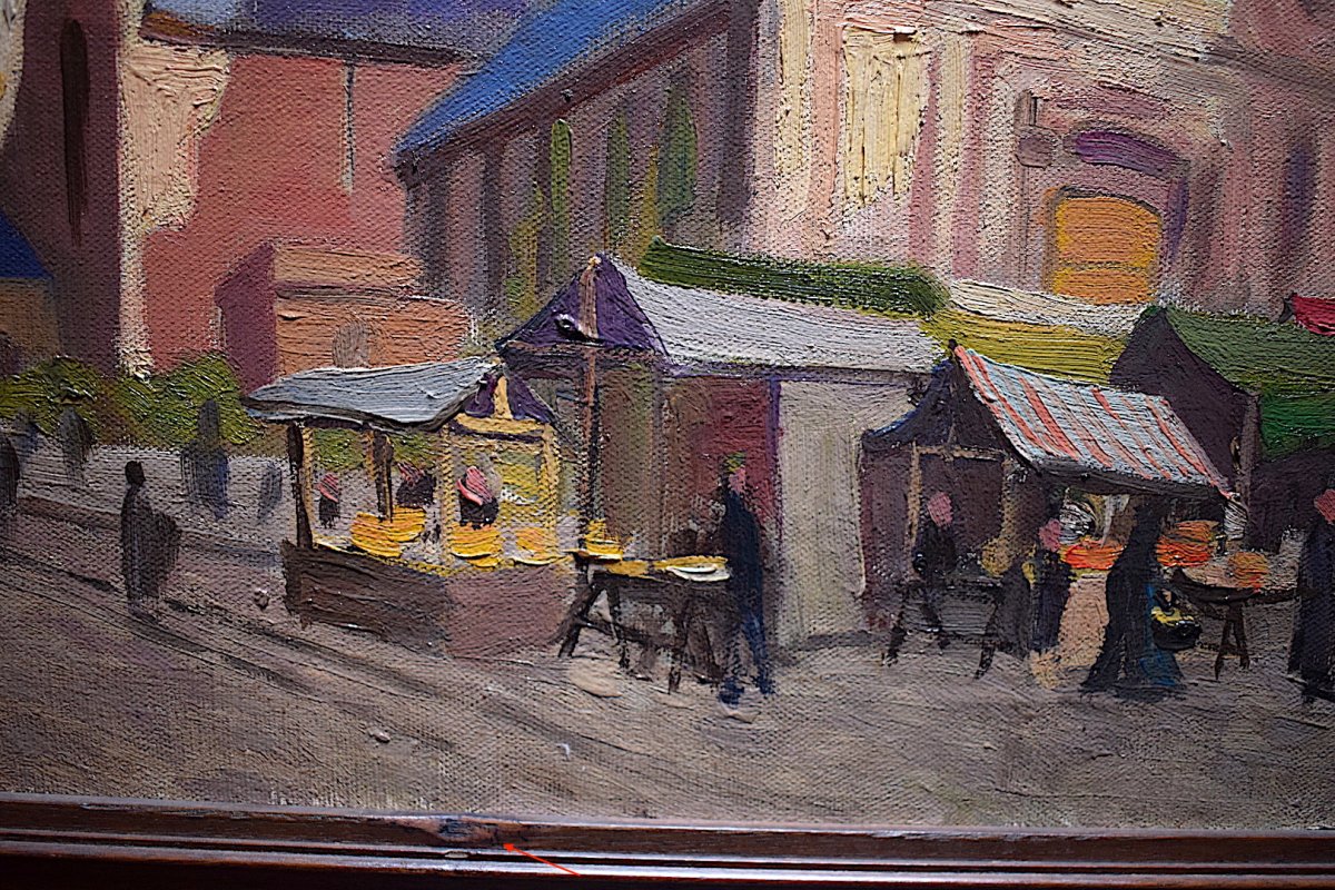 Sloan Franck Signed Paris Place Market Scene Impressionist Church XX 20th Rt108-photo-2