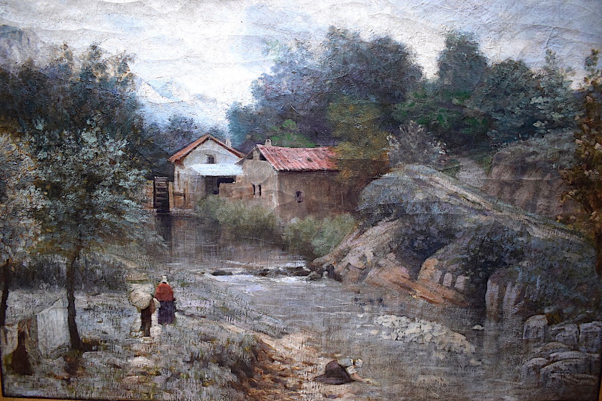 Ecole de Barbizon impressionniste Lavandières Paysage Montagne animé non Signé à Identifier XIX-photo-3