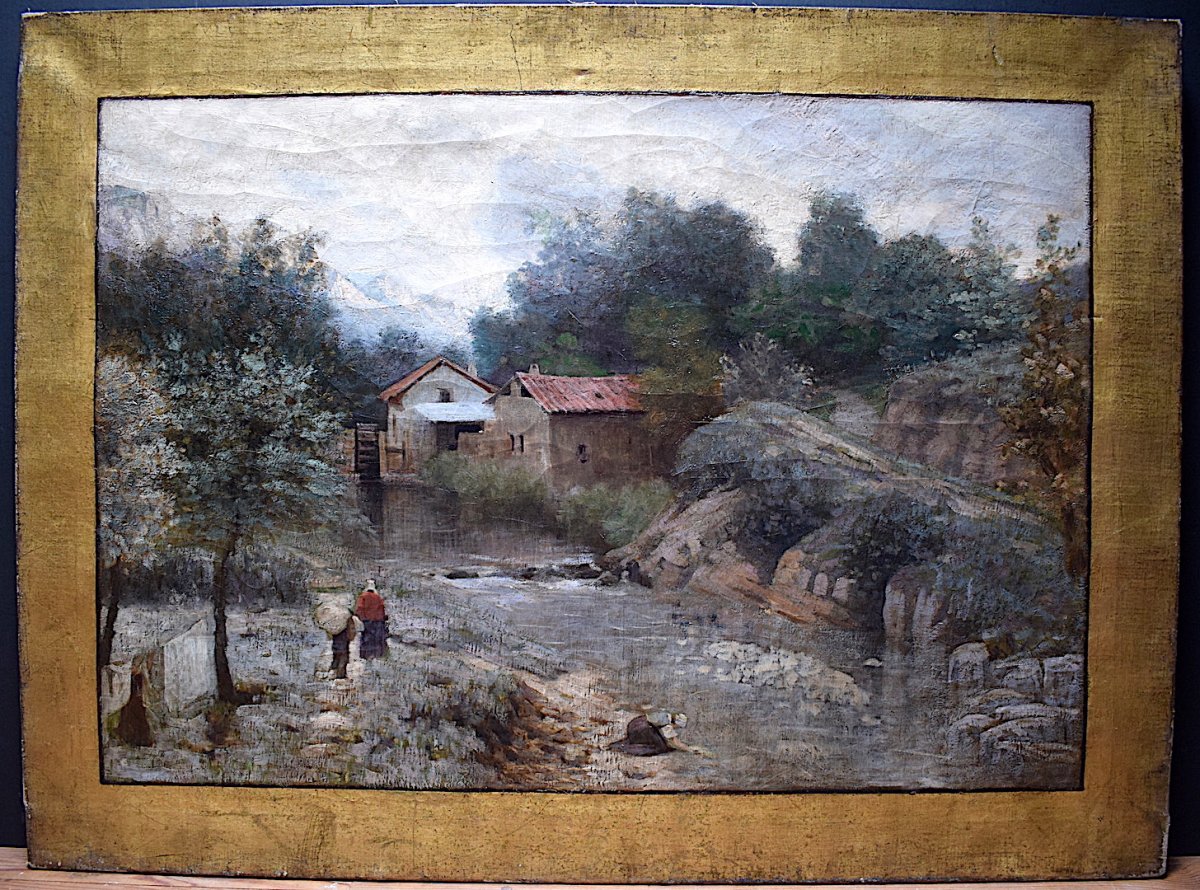 Ecole de Barbizon impressionniste Lavandières Paysage Montagne animé non Signé à Identifier XIX