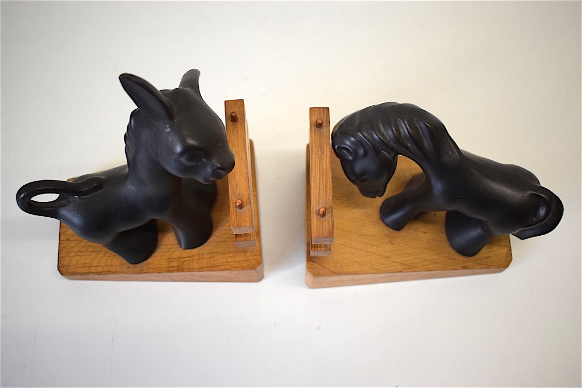 Colette Gueden Ceramic And Wood Donkey Pony Bookends 1950 XX 20th Ref136-photo-4