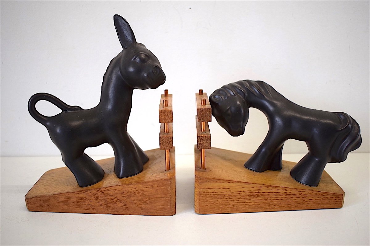 Colette Gueden Ceramic And Wood Donkey Pony Bookends 1950 XX 20th Ref136-photo-5