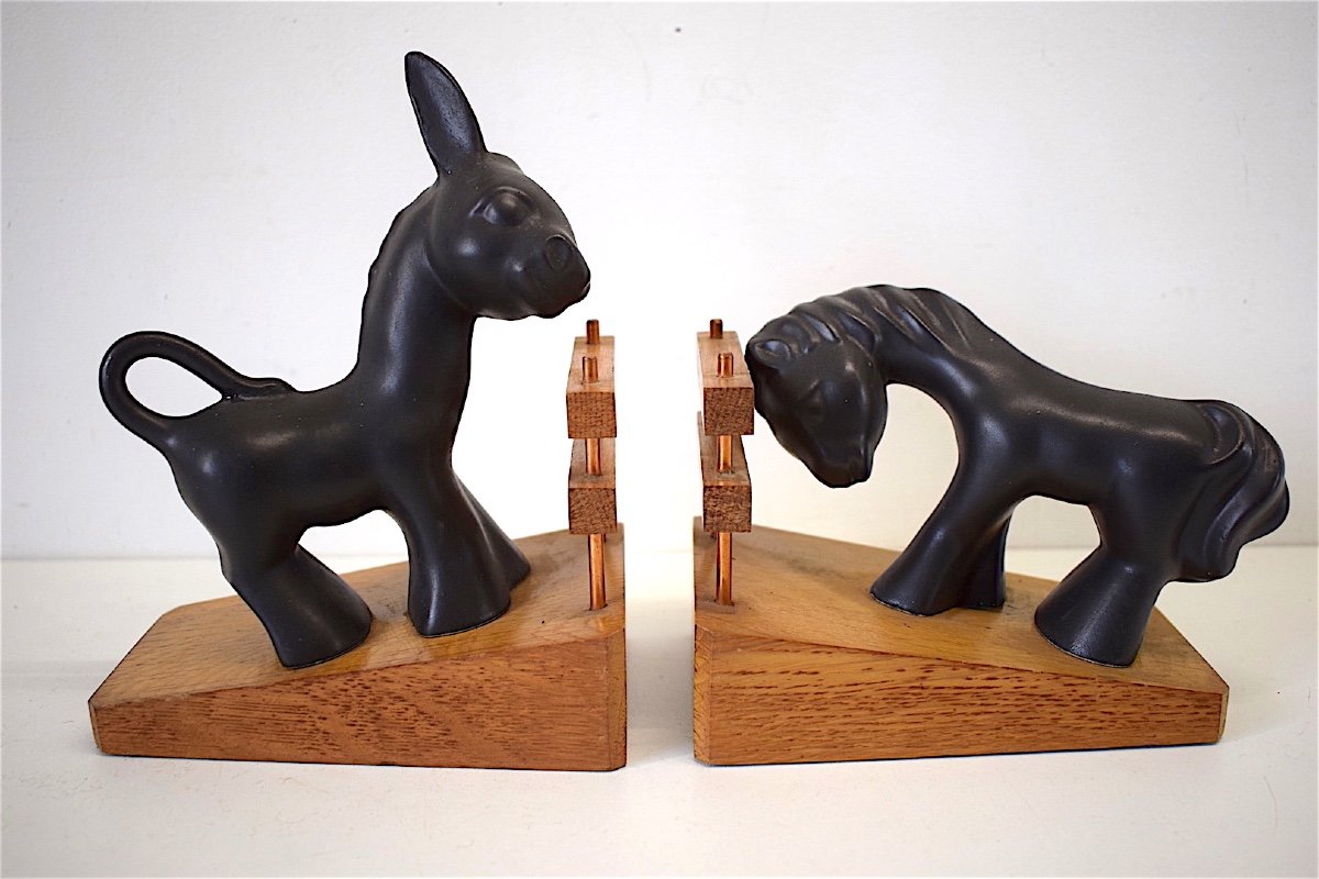 Colette Gueden Ceramic And Wood Donkey Pony Bookends 1950 XX 20th Ref136