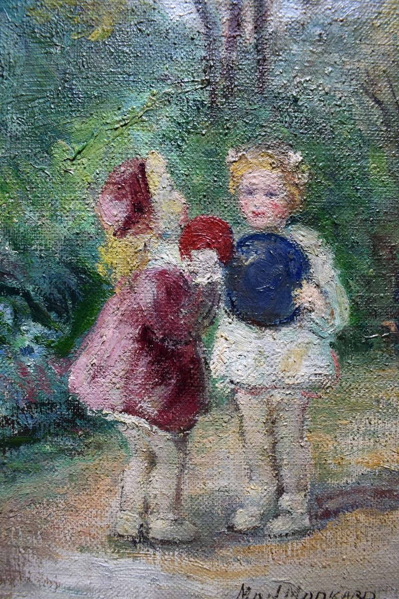 1950s Little Girls Children Garden Park Scene Signed To Identify XX Rt166-photo-4