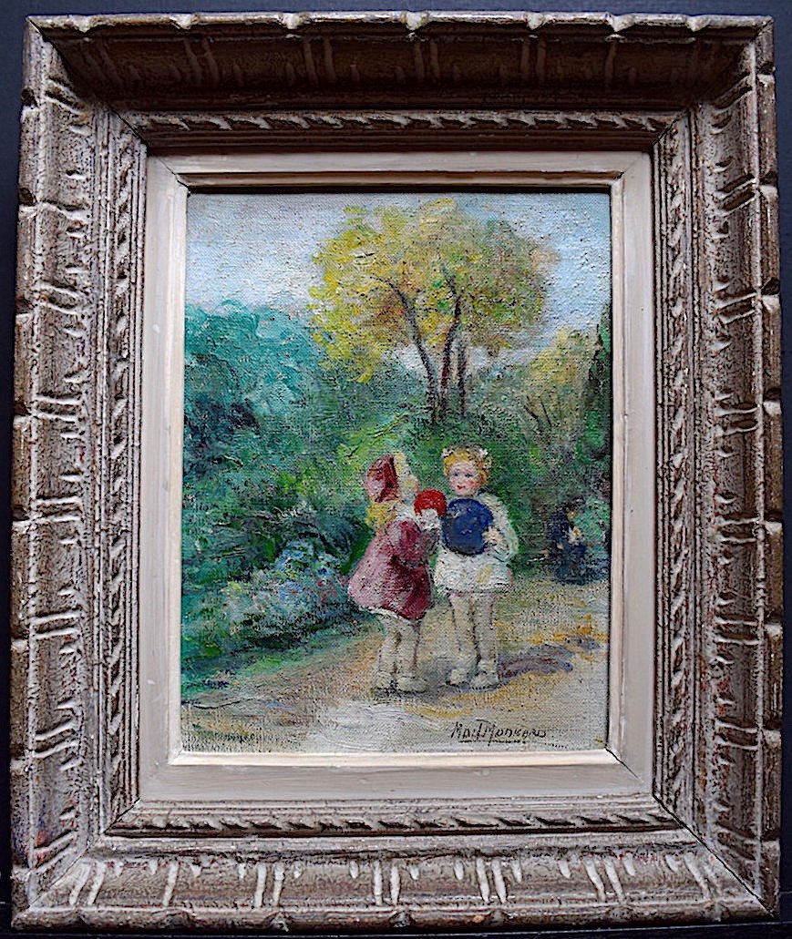 1950s Little Girls Children Garden Park Scene Signed To Identify XX Rt166