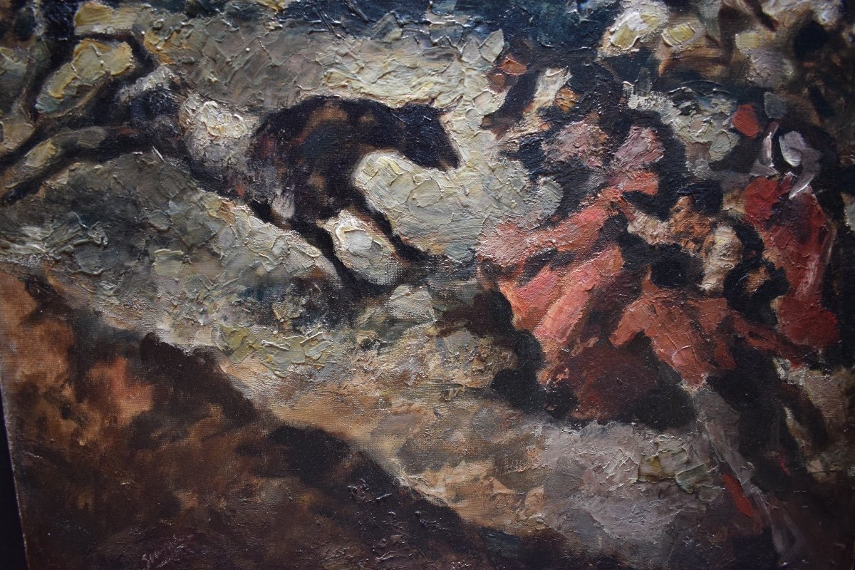 Course de Taureaux  Espagne école Espagnole Chevaux Signé à Identifier XX RT179-photo-2