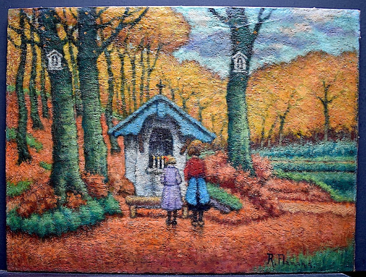 R Flemish Signed Belgian Children Small Chapel Oratory Religion Fauvism XX Rt205