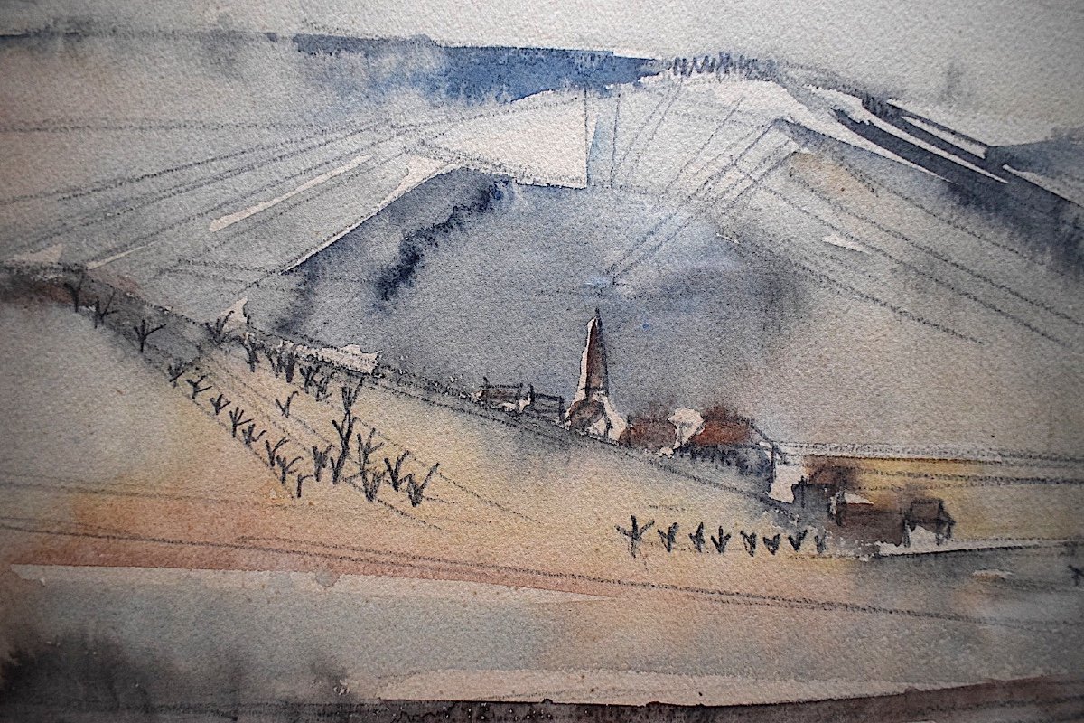 * Hosotte Signed Morvan Vézelay Massive Snow Landscape Watercolor XX Rt207-photo-3