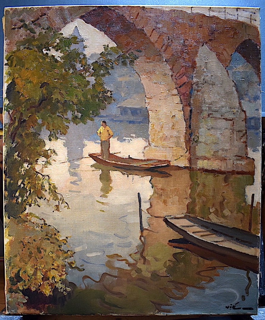 * Gabriel Vié Signed River Bridge Seascape Marine  Fishing Fishermen XX Rt209-photo-6