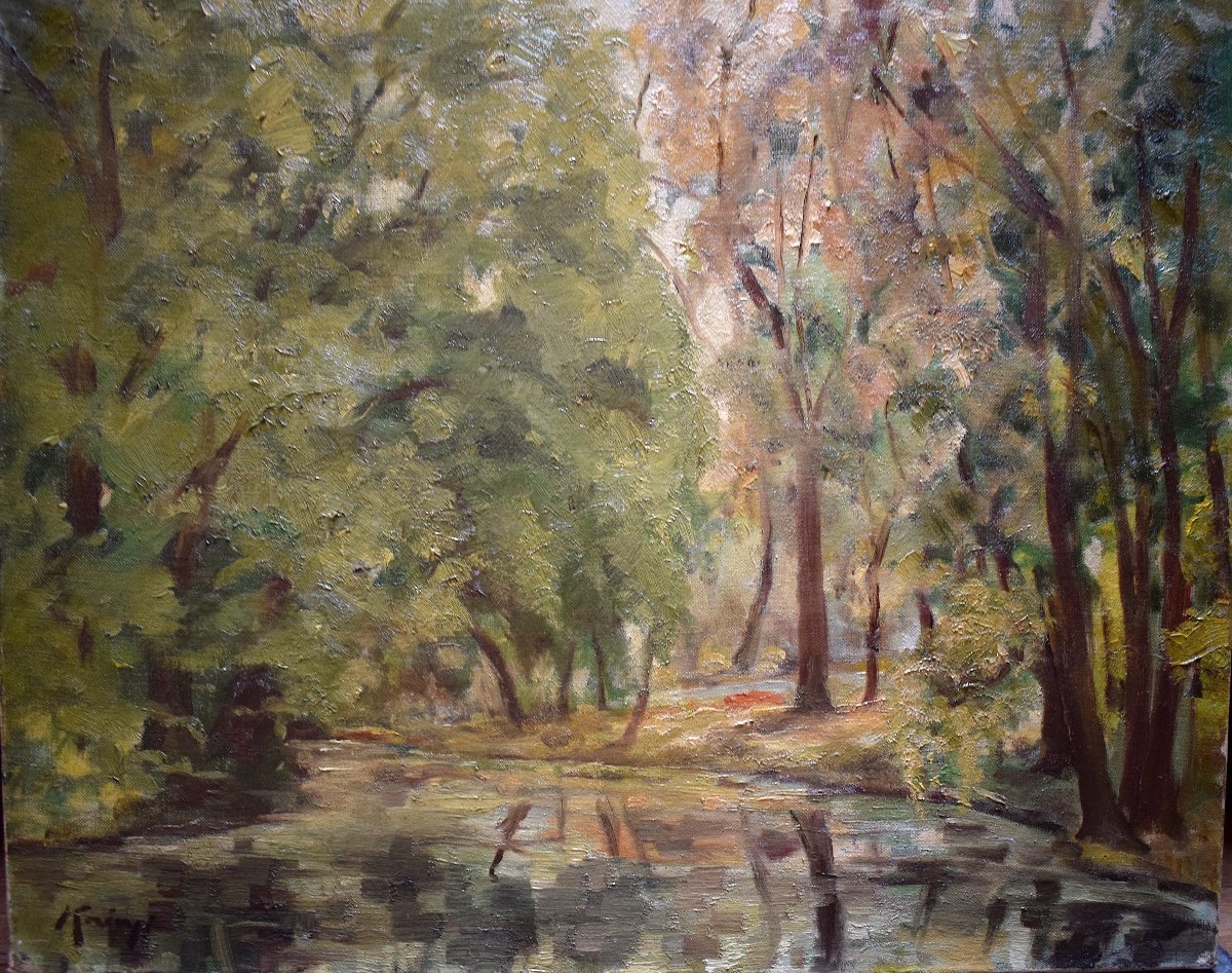  Paysage Impressionniste Forêt étang rivière Sous Bois Signé à Identifier XX RT222-photo-2
