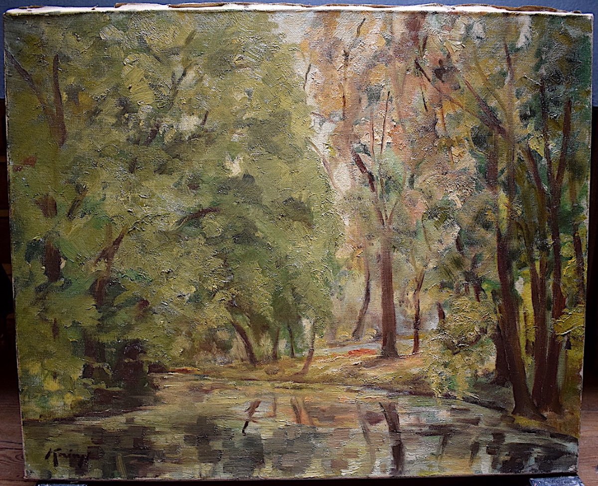 Impressionist Landscape Forest Or River Pond Undergrowth Signed To Identify XX Rt222-photo-5