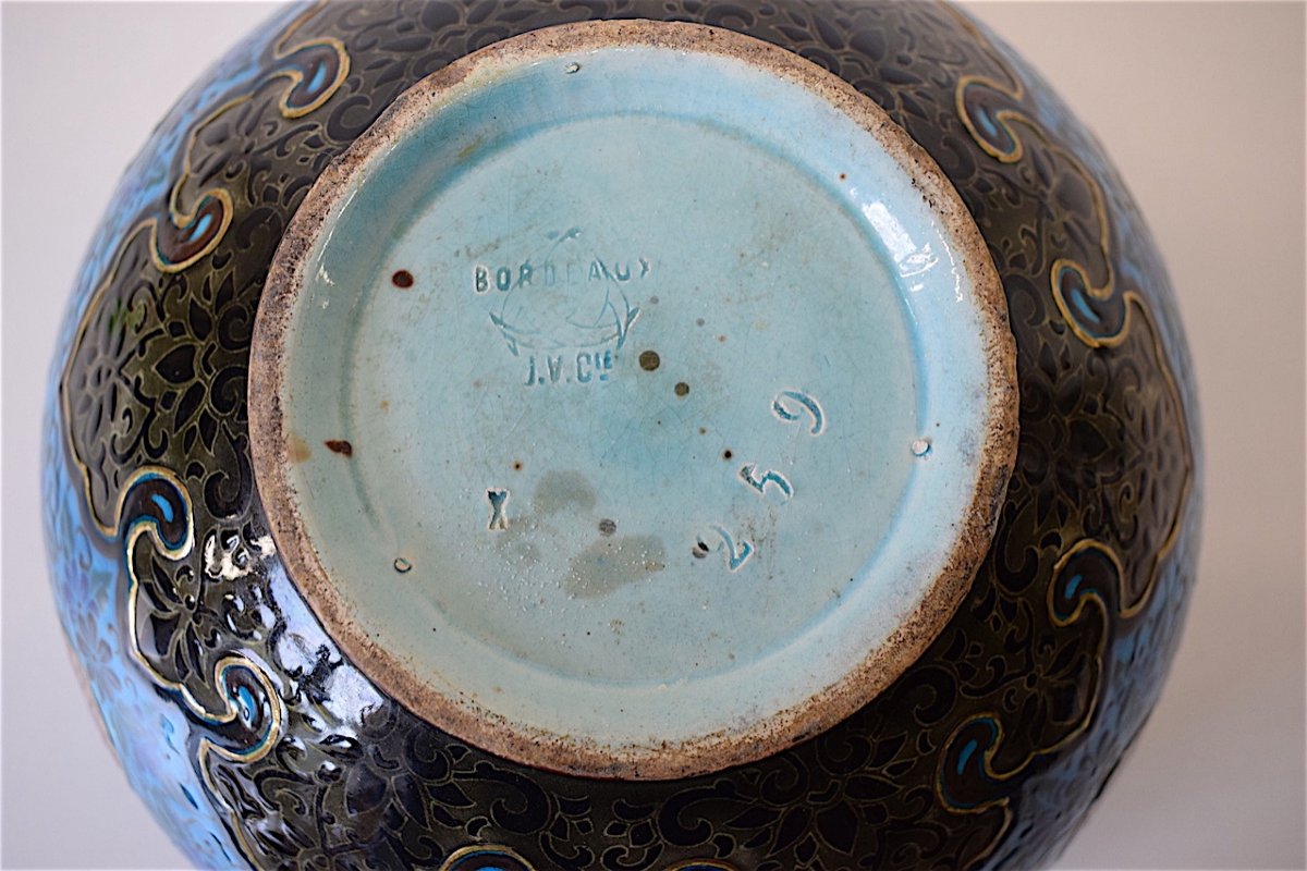 Cache Pot Ceramic Jules Vieillard Bordeaux Emaux Caranza Decor Japonisant XIX Ref145-photo-3