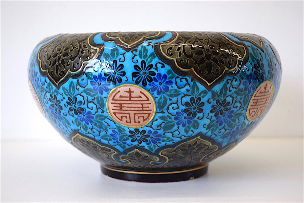 Cache Pot Ceramic Jules Vieillard Bordeaux Emaux Caranza Decor Japonisant XIX Ref145