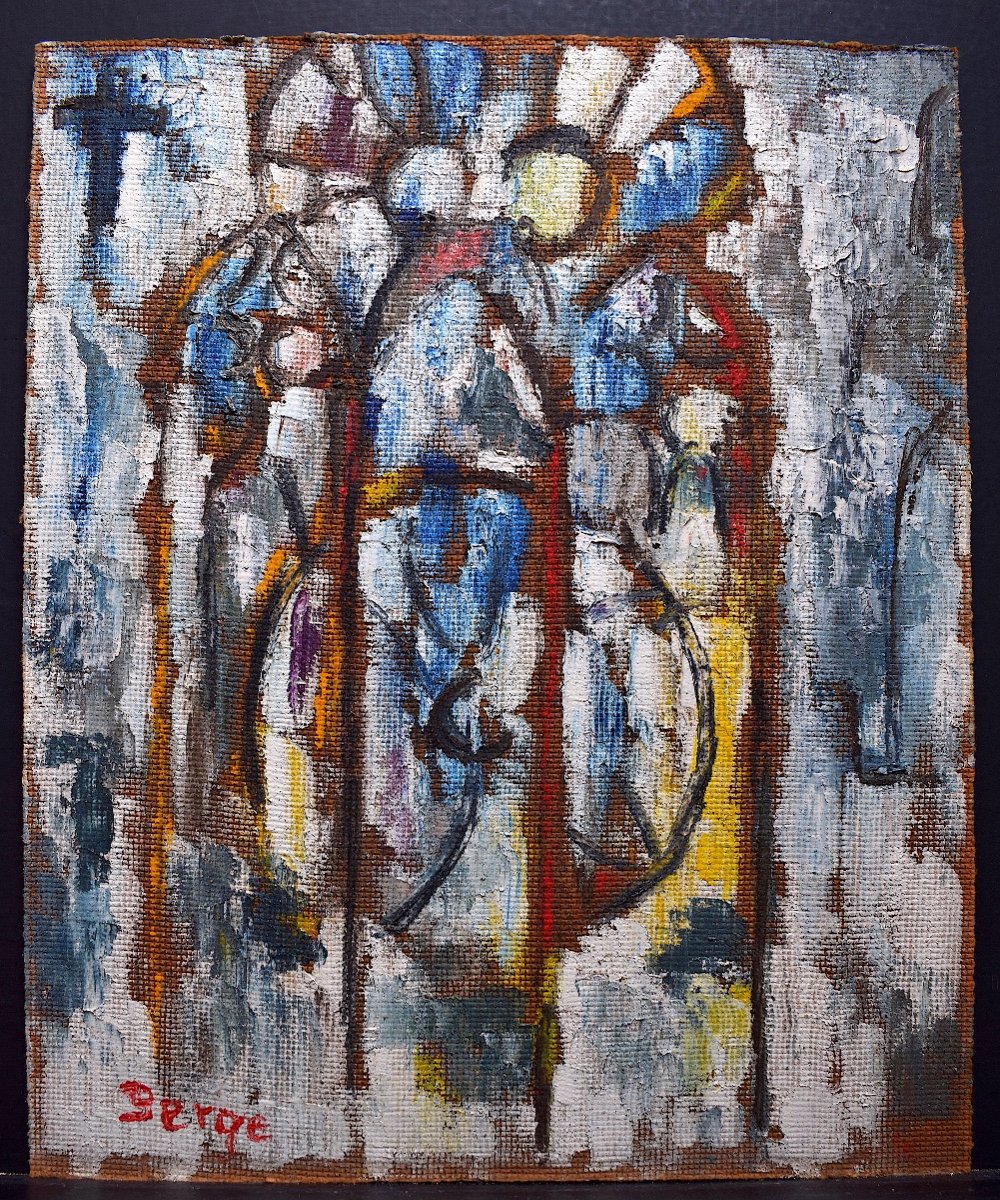 Abstract Modernist Stained Glass Church Interior Religious Signed Serge Or Berge XX Rt251