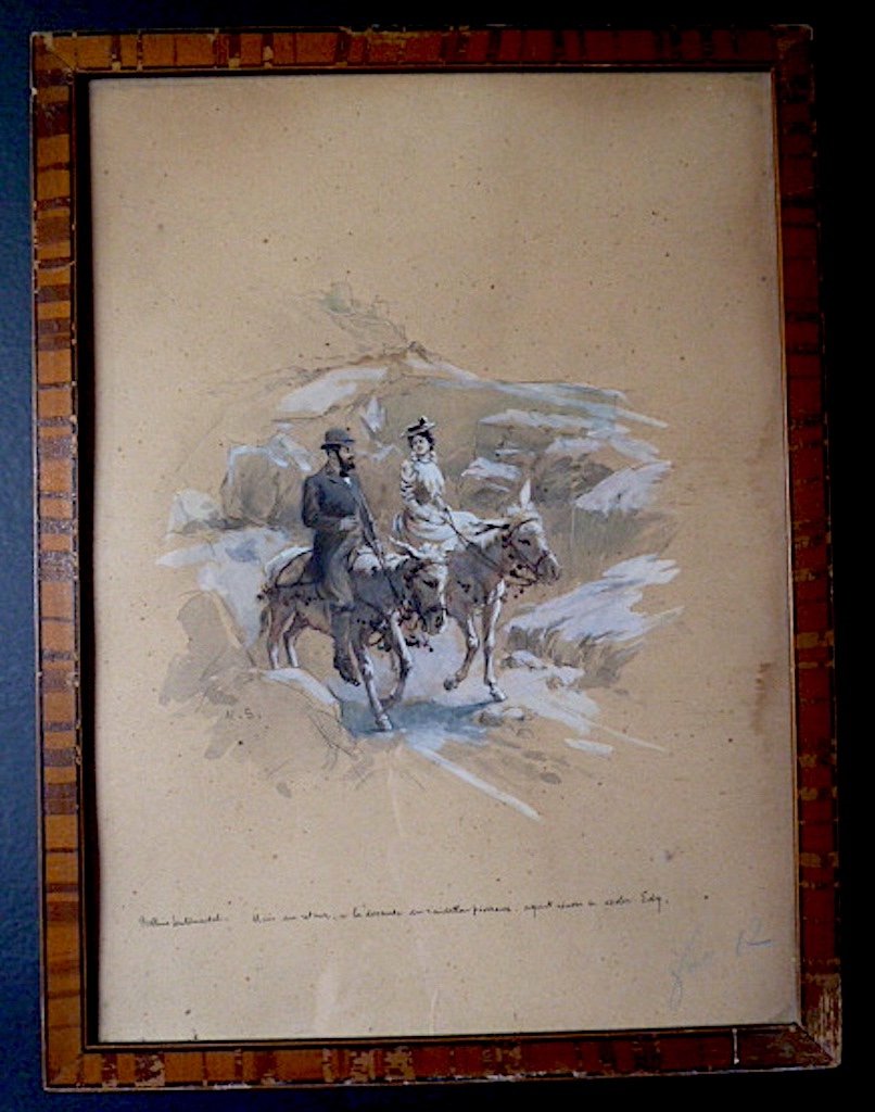 Watercolor Romantic Ballad Donkeys Gallant Scene Early XXth Us Or Ms Monogram Rt285-photo-2