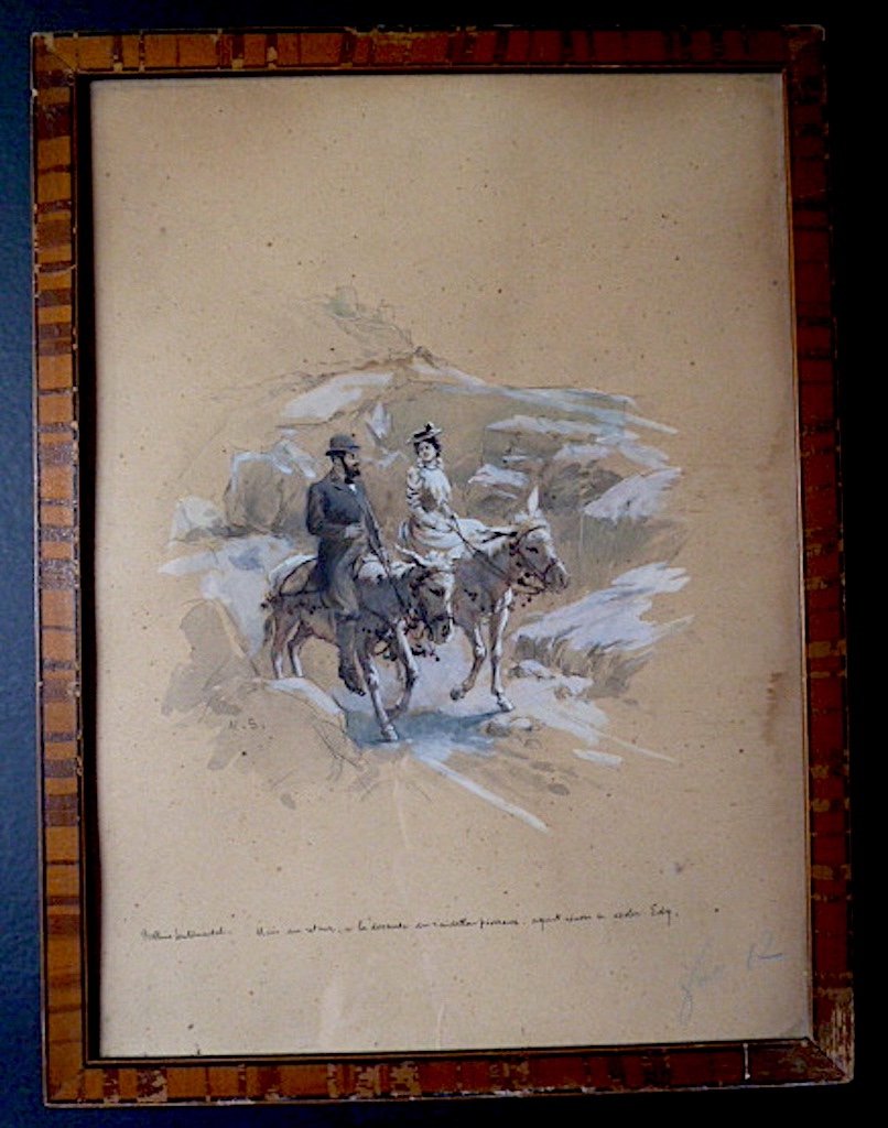 Watercolor Romantic Ballad Donkeys Gallant Scene Early XXth Us Or Ms Monogram Rt285-photo-8