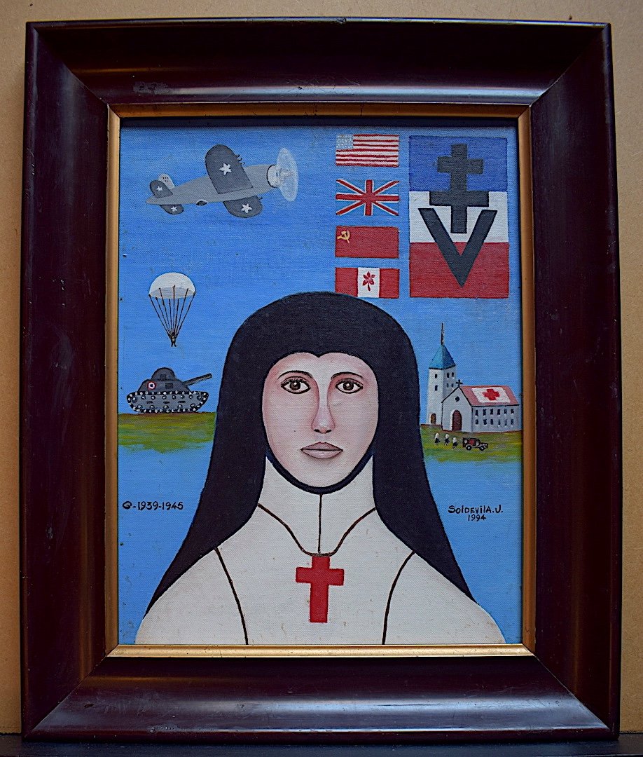 J Soldevila Infirmière Guerre 1939 1945 Amérique Latine Croix de Lorraine  Art Naïf  XX RT286