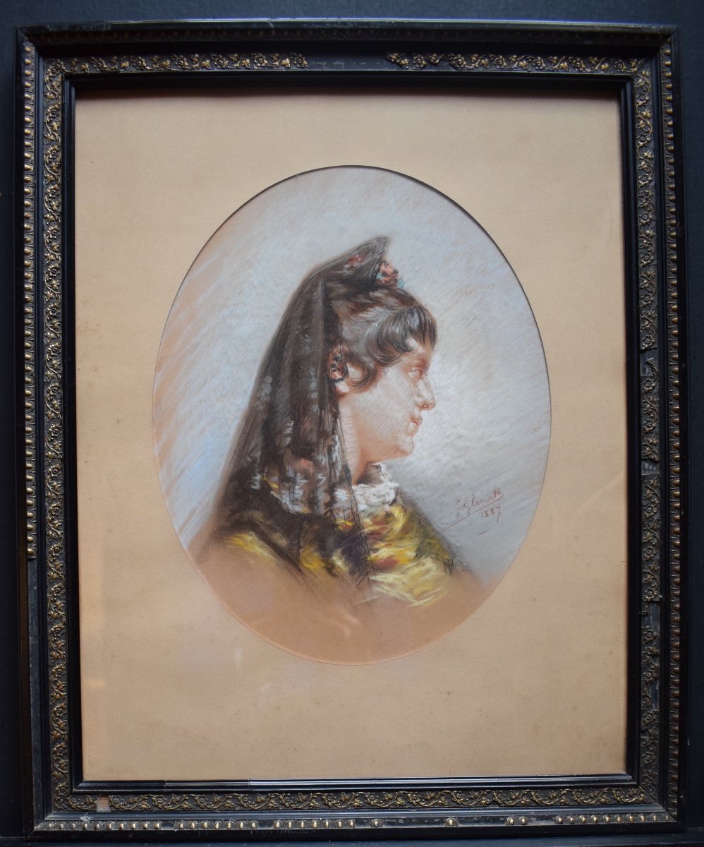 J Glenat Signed Pastel Portrait Arlesienne Spain Arles 1887 XIX Rt 307-photo-5