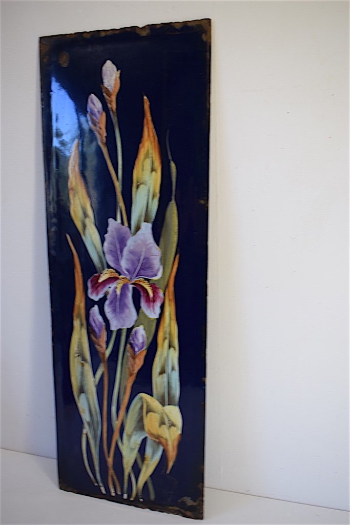Enamel Plate Domed With Iris Flowers Art Nouveau 1900 Enamel Sheet Ref160-photo-1