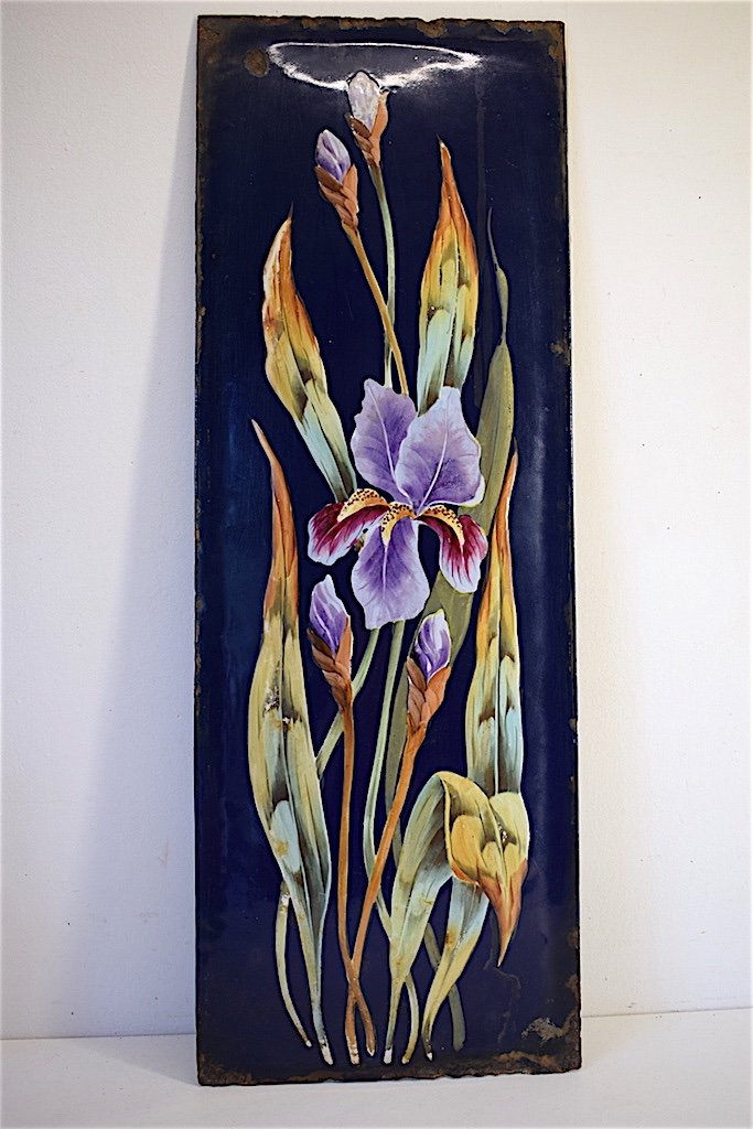 Enamel Plate Domed With Iris Flowers Art Nouveau 1900 Enamel Sheet Ref160