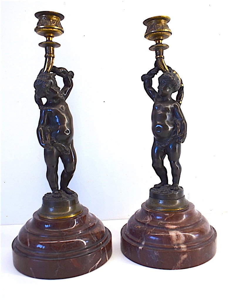 Pair Of Cherub Putti Or Love Candlesticks In Bronze Red Marble XIX Ref163-photo-4