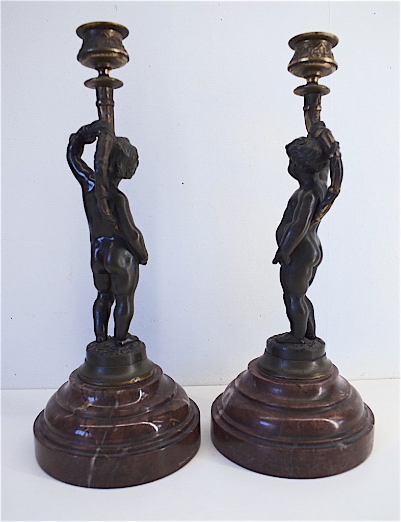 Pair Of Cherub Putti Or Love Candlesticks In Bronze Red Marble XIX Ref163-photo-1