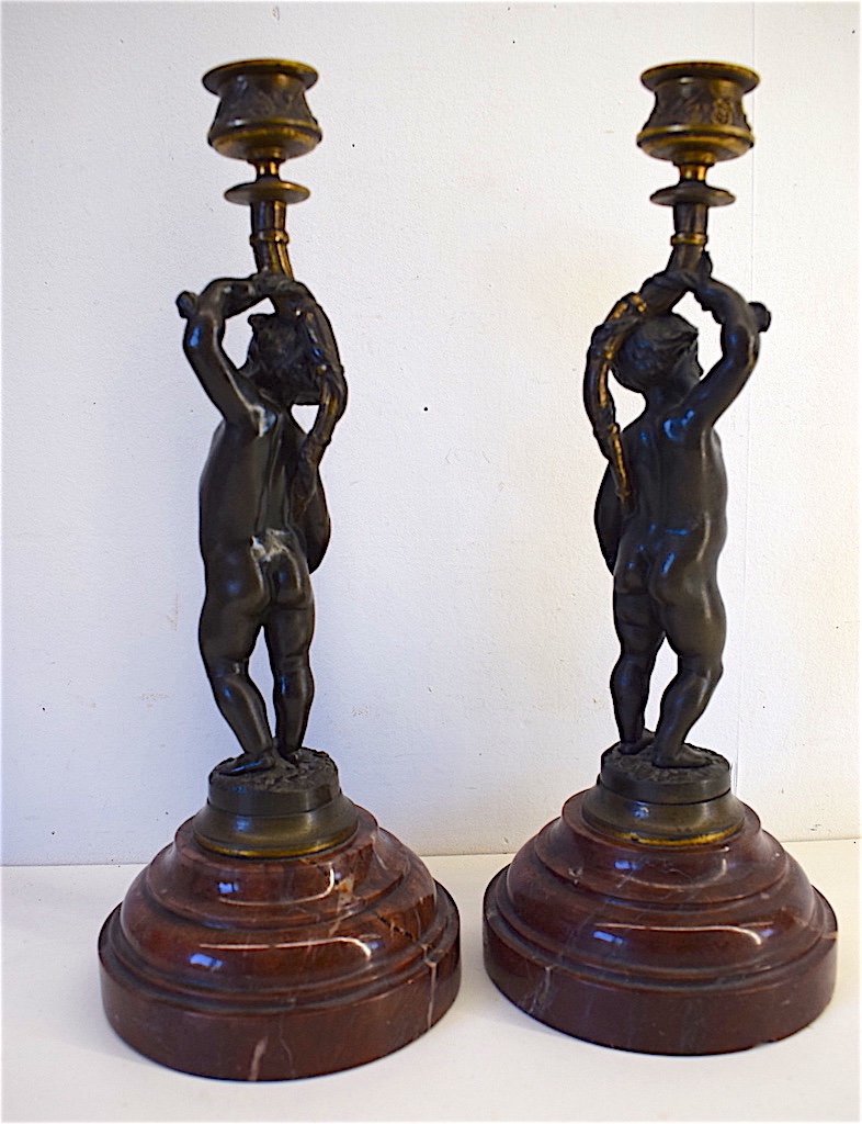 Pair Of Cherub Putti Or Love Candlesticks In Bronze Red Marble XIX Ref163-photo-2