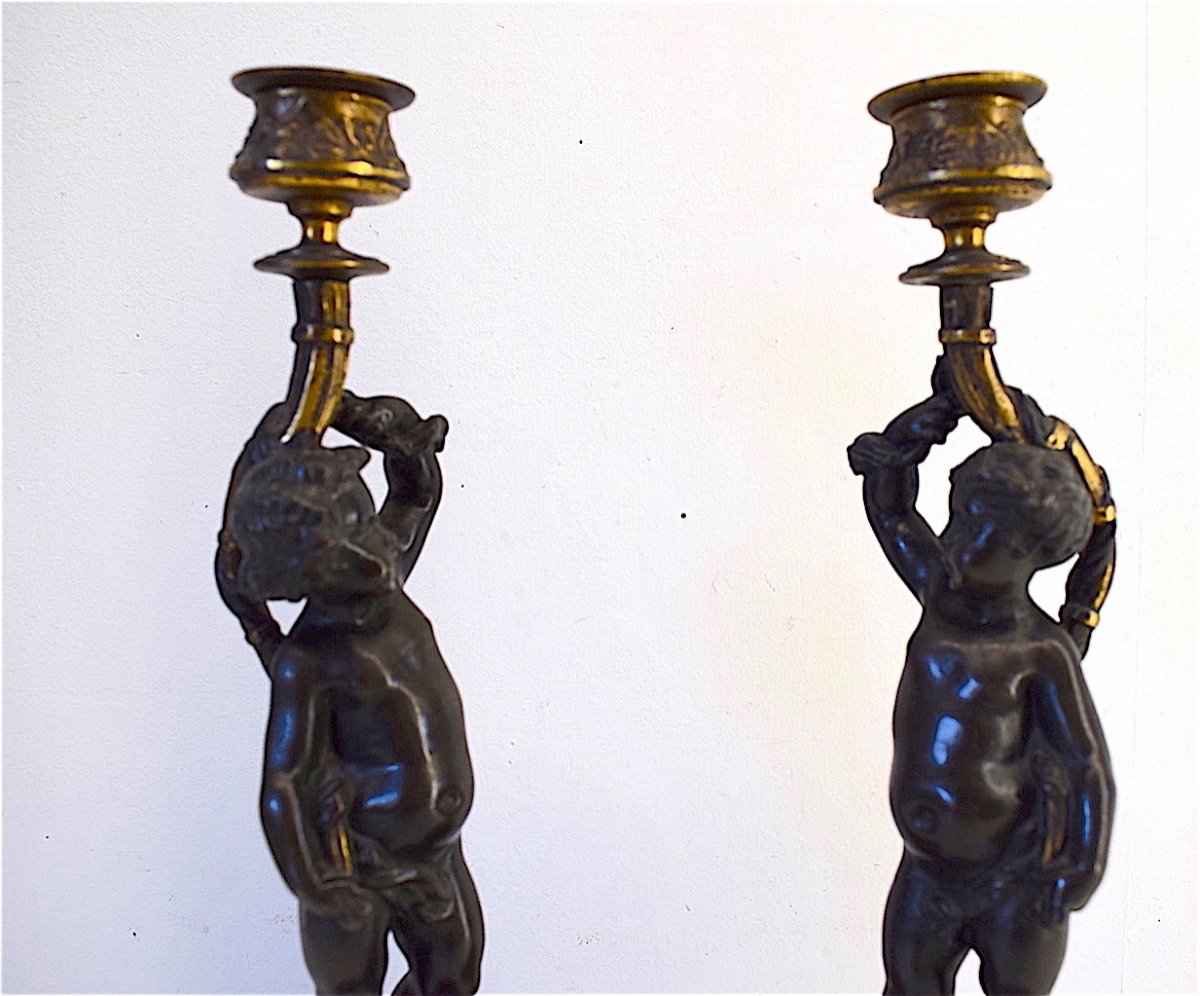 Pair Of Cherub Putti Or Love Candlesticks In Bronze Red Marble XIX Ref163-photo-3