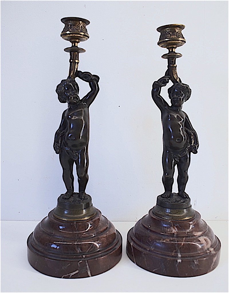 Pair Of Cherub Putti Or Love Candlesticks In Bronze Red Marble XIX Ref163