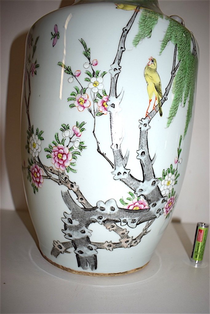 Celadon Chinese Porcelain Vase Decor Birds Insects Flowering Tree Asian Chinese 1900 Ref170-photo-3