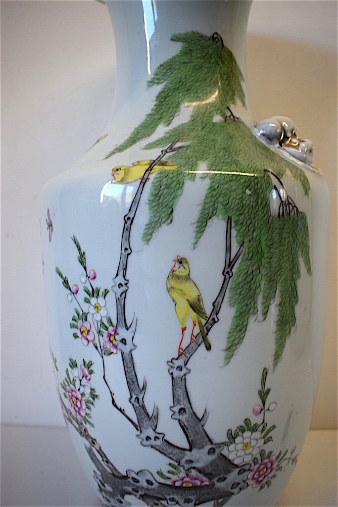 Celadon Chinese Porcelain Vase Decor Birds Insects Flowering Tree Asian Chinese 1900 Ref170-photo-5