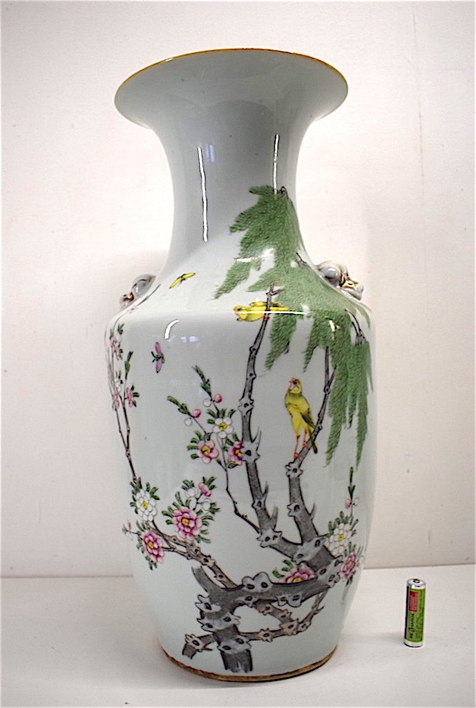 Celadon Chinese Porcelain Vase Decor Birds Insects Flowering Tree Asian Chinese 1900 Ref170