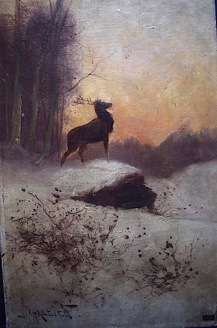 J. Chretien Signed Deer Animal Painting Impressionist Snow Landscape XX Rt358-photo-2
