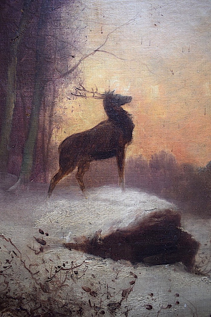 J. Chretien Signed Deer Animal Painting Impressionist Snow Landscape XX Rt358-photo-3