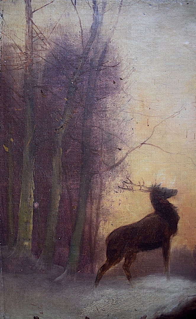 J. Chretien Signed Deer Animal Painting Impressionist Snow Landscape XX Rt358-photo-4