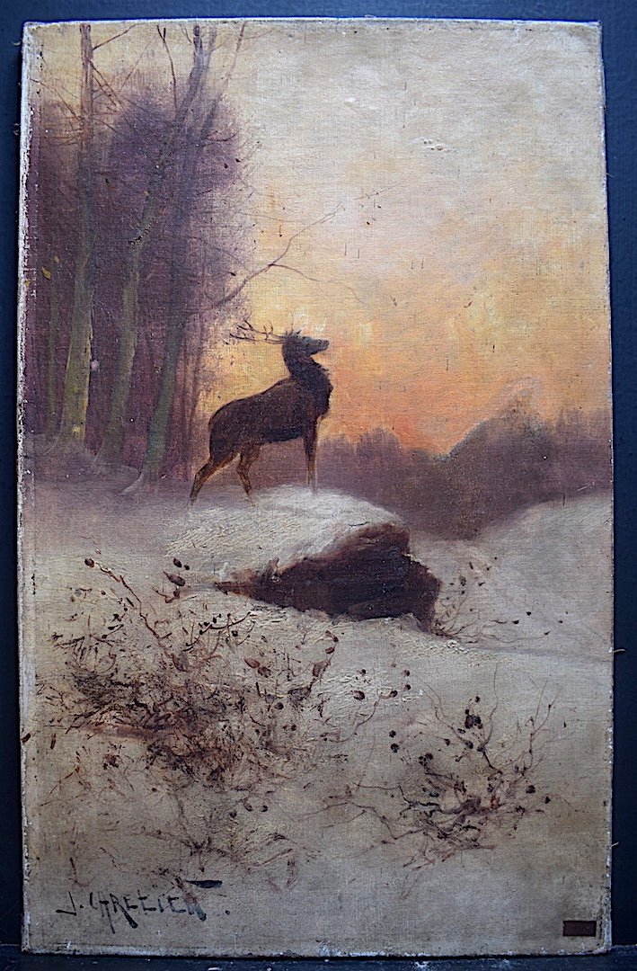 J. Chretien Signed Deer Animal Painting Impressionist Snow Landscape XX Rt358-photo-7