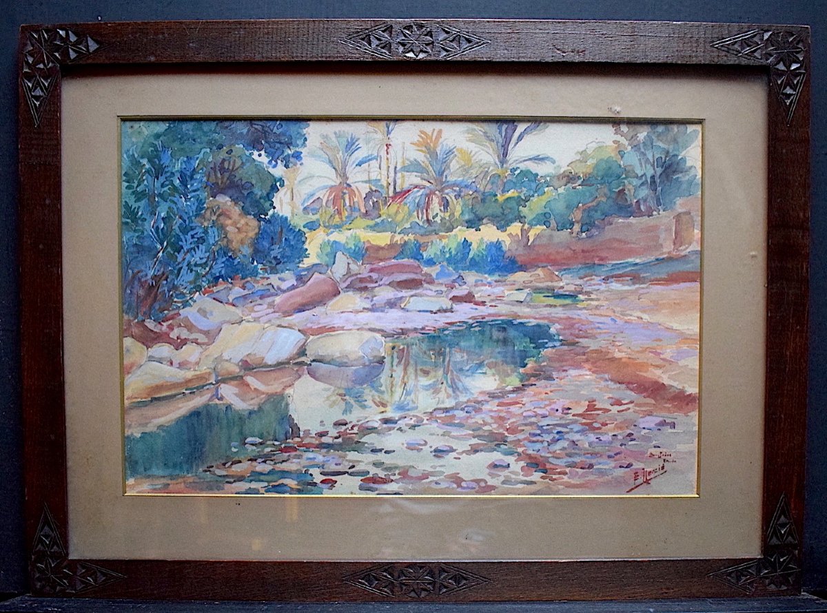 Herzig Edouard Aquarelle Orientaliste Bou Saâda Algérie Oasis XX RT362