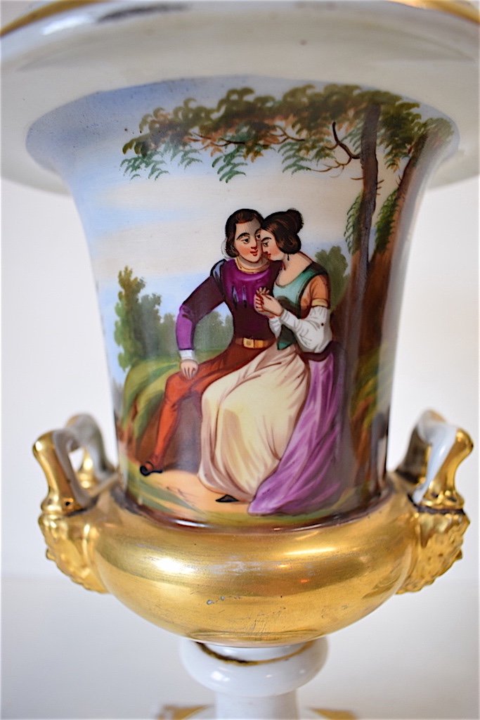 Pair Of Medici Porcelain Vase Old Paris Romantic Scene Around 1840 XIX Ref188-photo-3